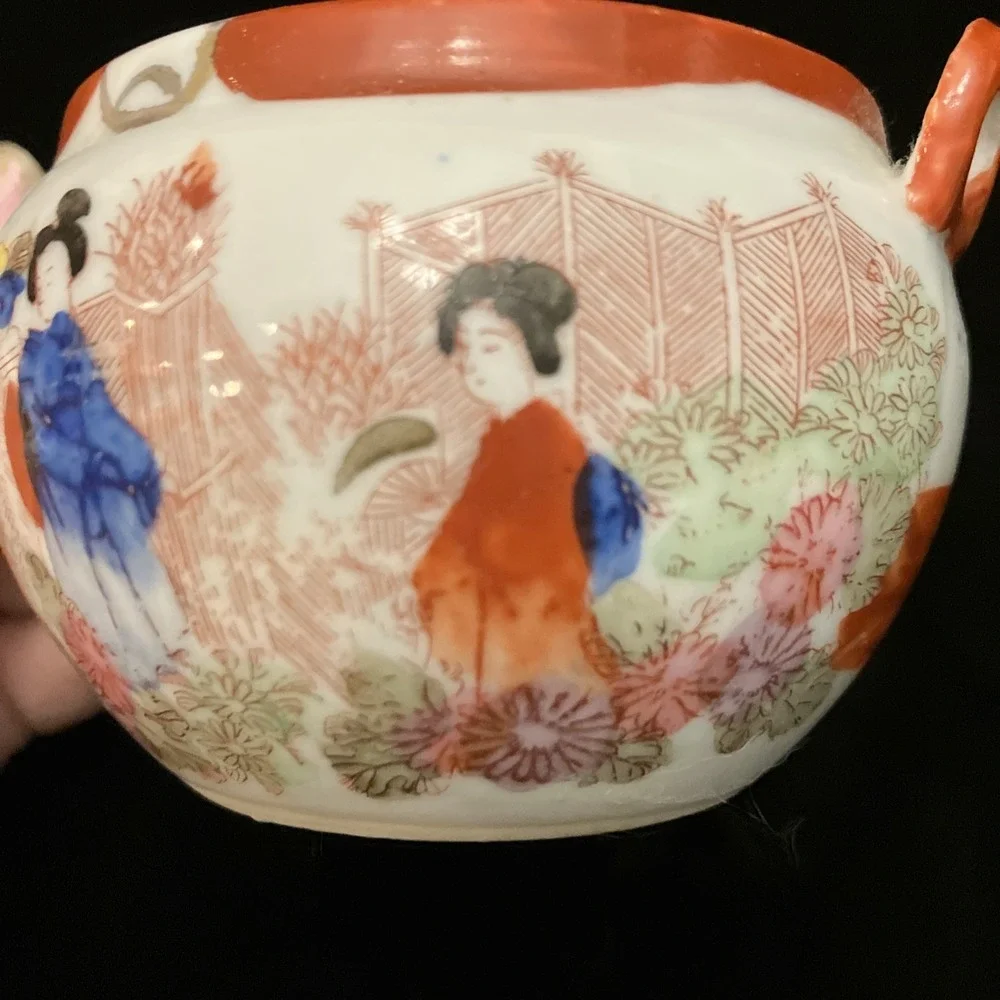 Japanese Kutani Porcelain Tea Pot w/Lid Japan Geisha Girl Cherry Blossom MCM